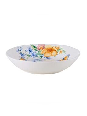 4 Pasta Bowls 8” White Porcelain Floral Butterfly Cottagecore Garden Whimsical